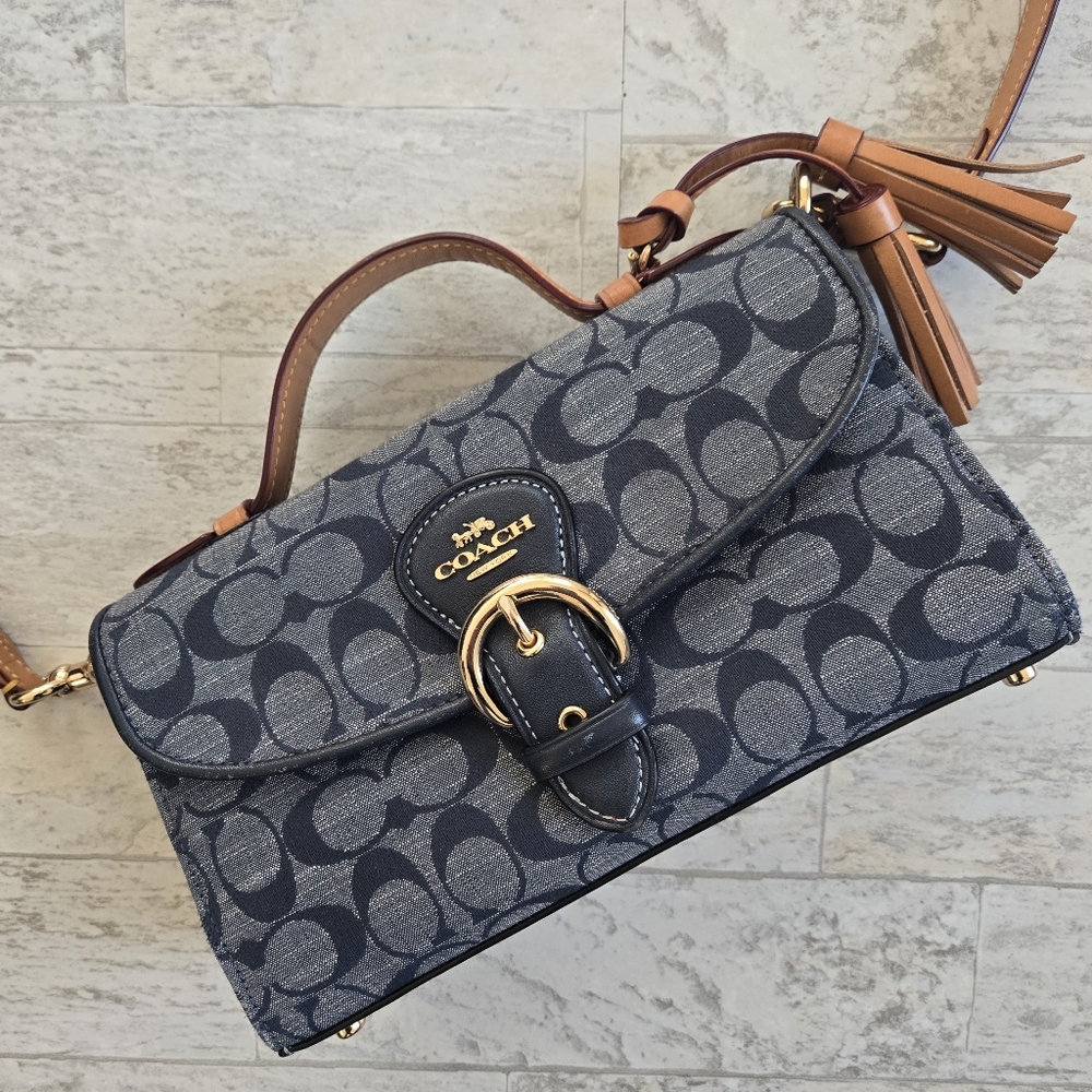 Coach Navy Signature Canvas Crossbody with Tan Leather Trim